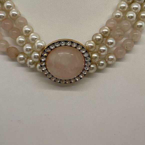 Vintage Faux Pearl & Rose Quartz Triple-Strand Necklace With Rhinestone Accents - Picture 4 of 16
